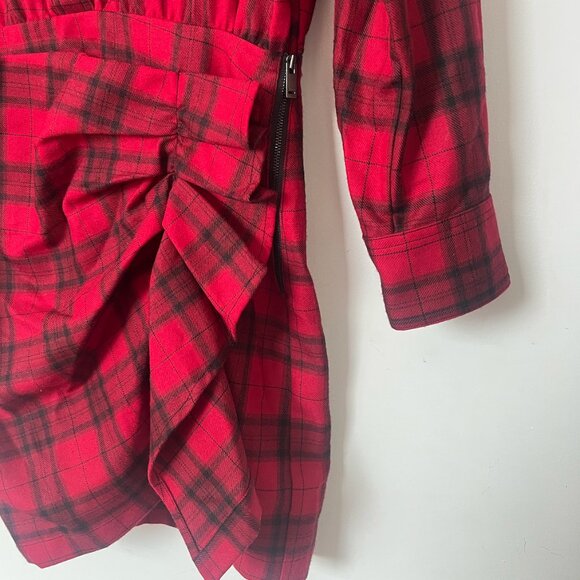 Wool Blend Ruched Skirt Plaid Mini Shirt Dress - Picture 4 of 6